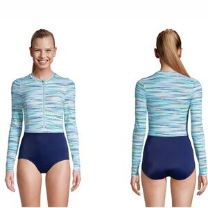 Lands’ End Chlorine Resistant Zip front long sleeve one piece swimsuit Size 14